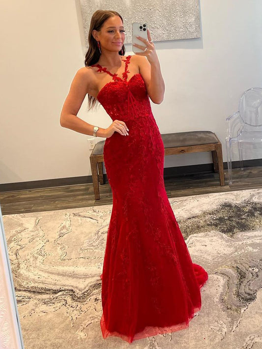 Roycebridal Morgan |Red Mermaid Halter Lace Mermaid Long Prom Dress