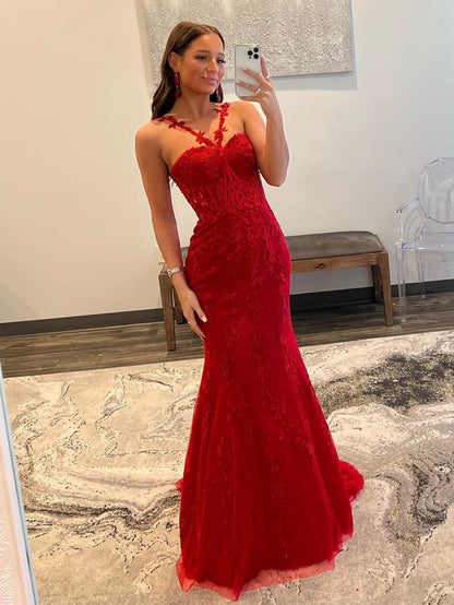 Roycebridal Morgan |Red Mermaid Halter Lace Mermaid Long Prom Dress