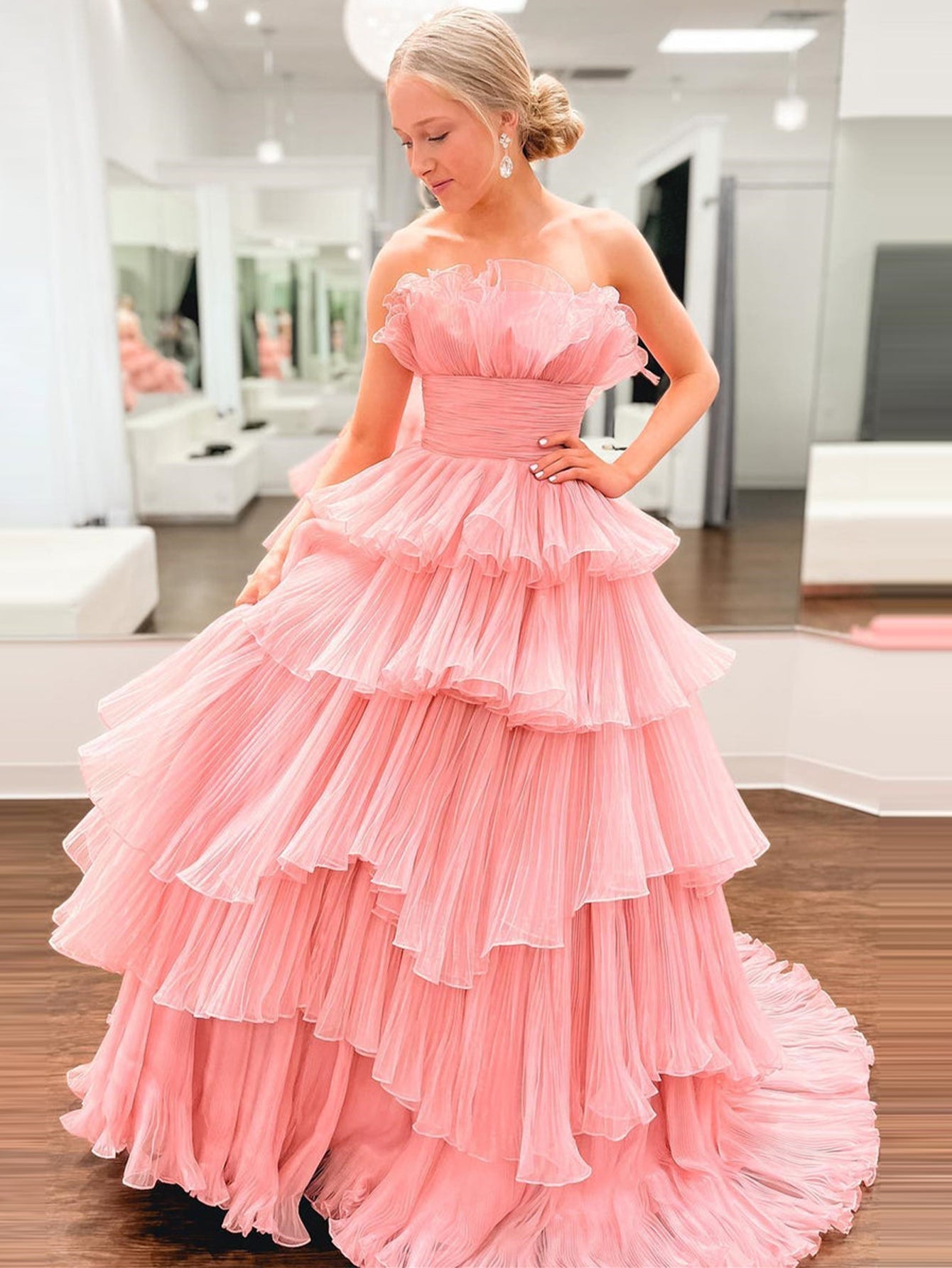 Roycebridal Vanessa |Strapless A-Line Tiered Crinkled Tulle Prom Dress