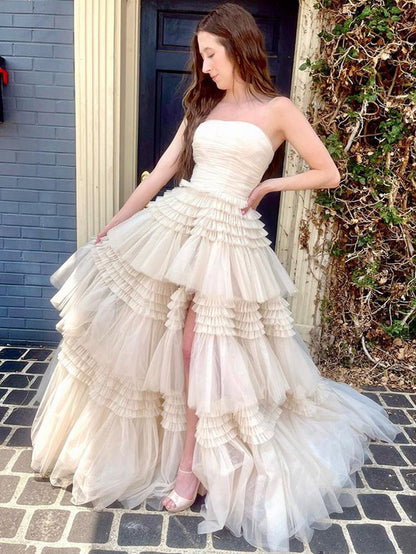 Roycebridal Daniela |A-Line Strapless Tulle Long Prom Dress with Tiered Ruffles