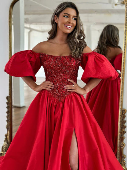 Roycebridal Liana |A-Line Off The Shoulder Taffeta Prom Dress With Short Puffy Sleeves