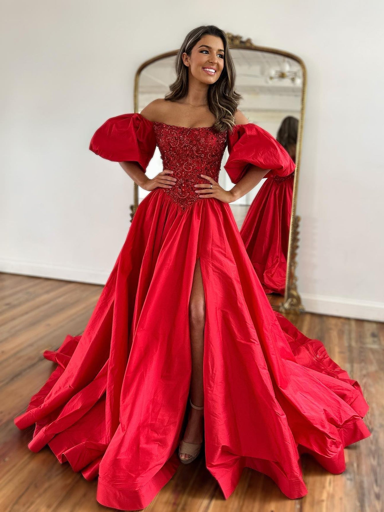 Roycebridal Liana |A-Line Off The Shoulder Taffeta Prom Dress With Short Puffy Sleeves