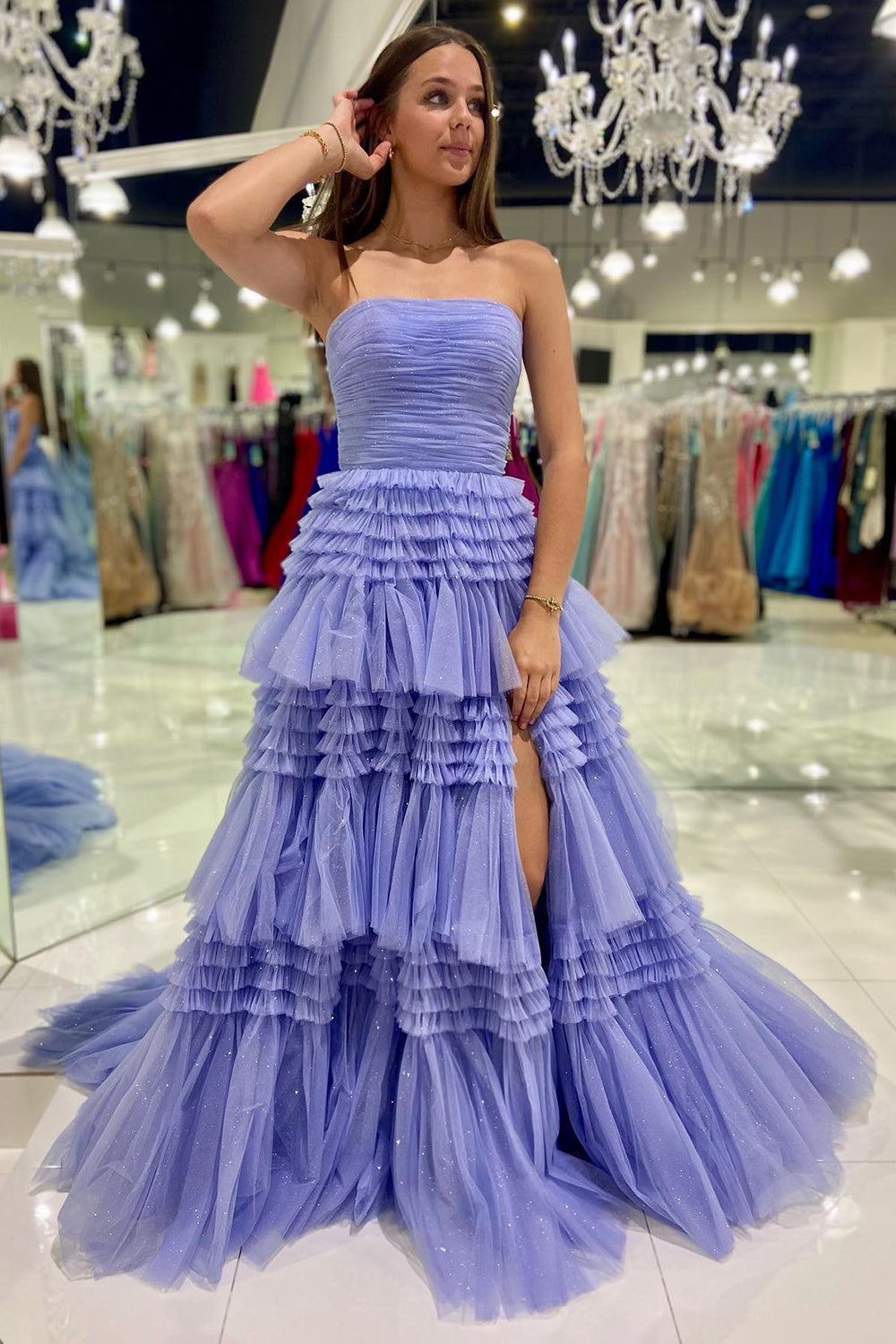 Roycebridal Daniela |A-Line Strapless Tulle Long Prom Dress with Tiered Ruffles