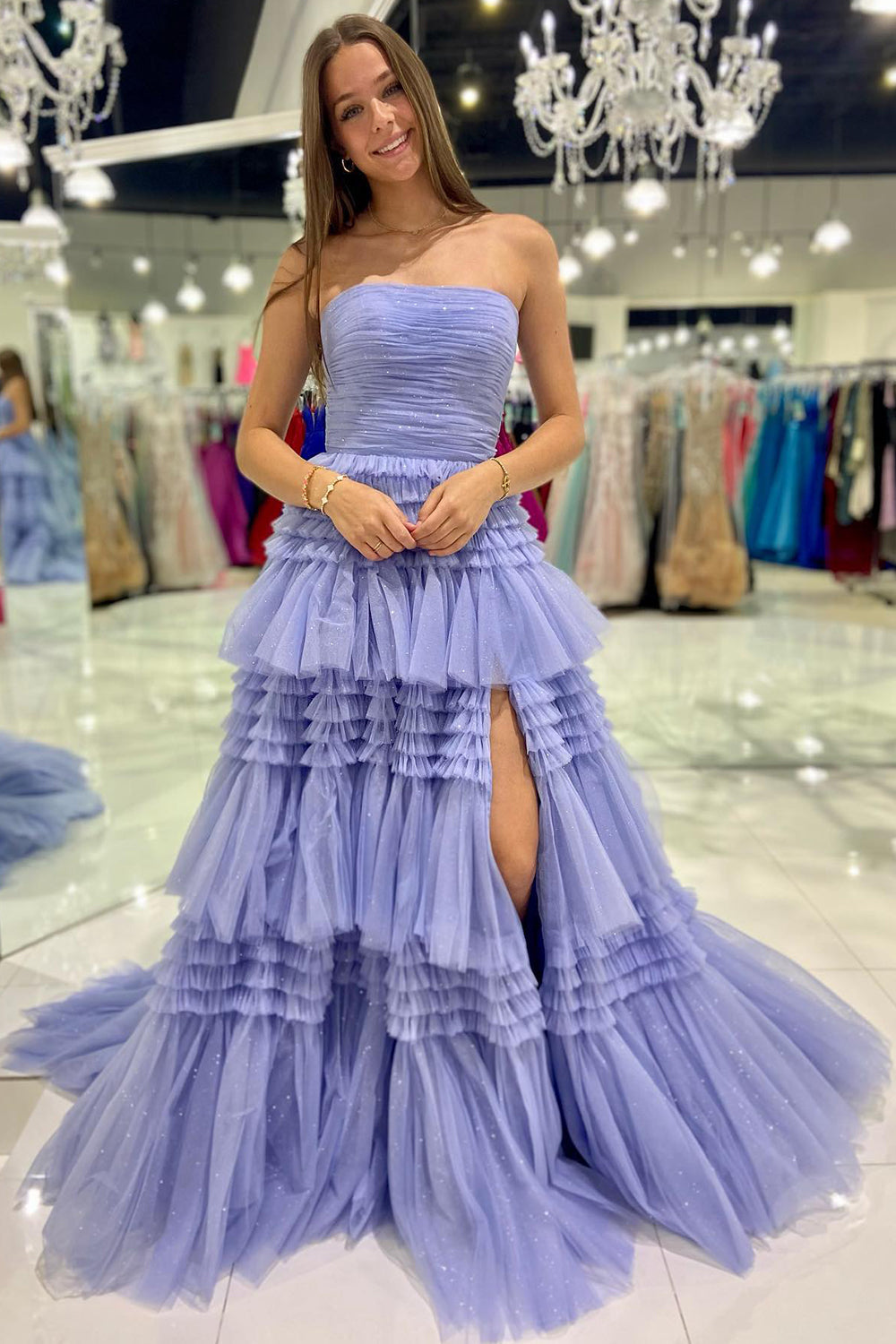 Roycebridal Daniela |A-Line Strapless Tulle Long Prom Dress with Tiered Ruffles