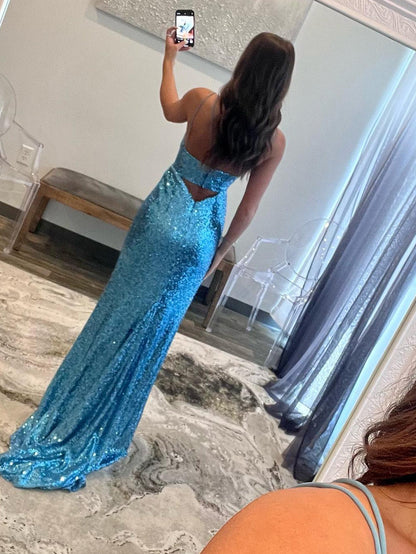 Roycebridal Mermaid V Neck Cutout Blue Long Prom Dress