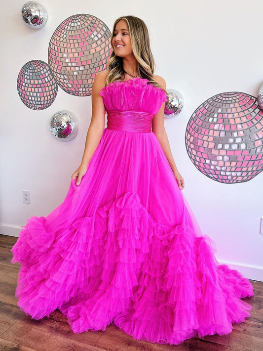 Roycebridal Alani |A-Line Strapless Pink Tiered Long Tulle Prom Dress