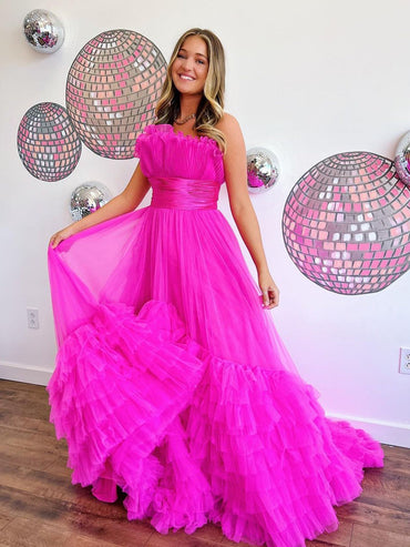 Roycebridal Alani |A-Line Strapless Pink Tiered Long Tulle Prom Dress