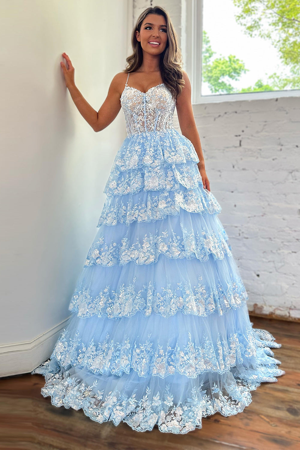 Roycebridal Maryam |A Line Spaghetti Straps Tiered Lace Prom Dress