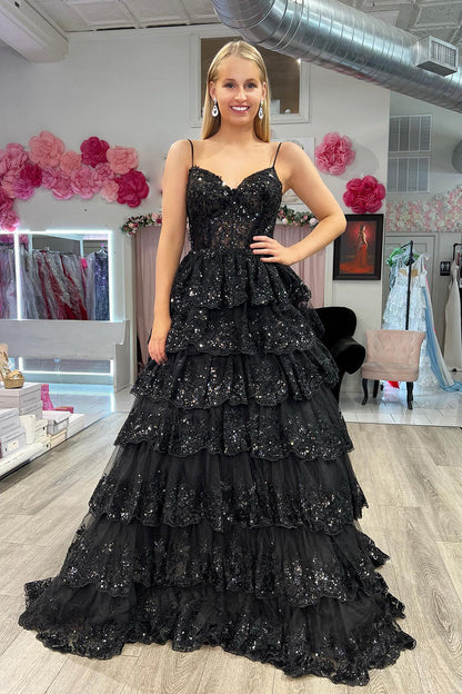 Roycebridal Maryam |A Line Spaghetti Straps Tiered Lace Prom Dress