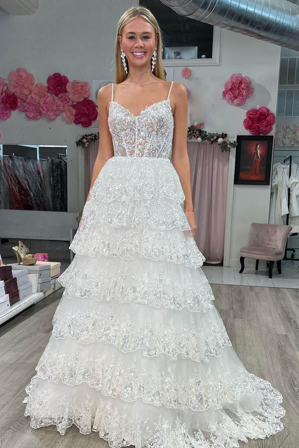 Roycebridal Maryam |A Line Spaghetti Straps Tiered Lace Prom Dress