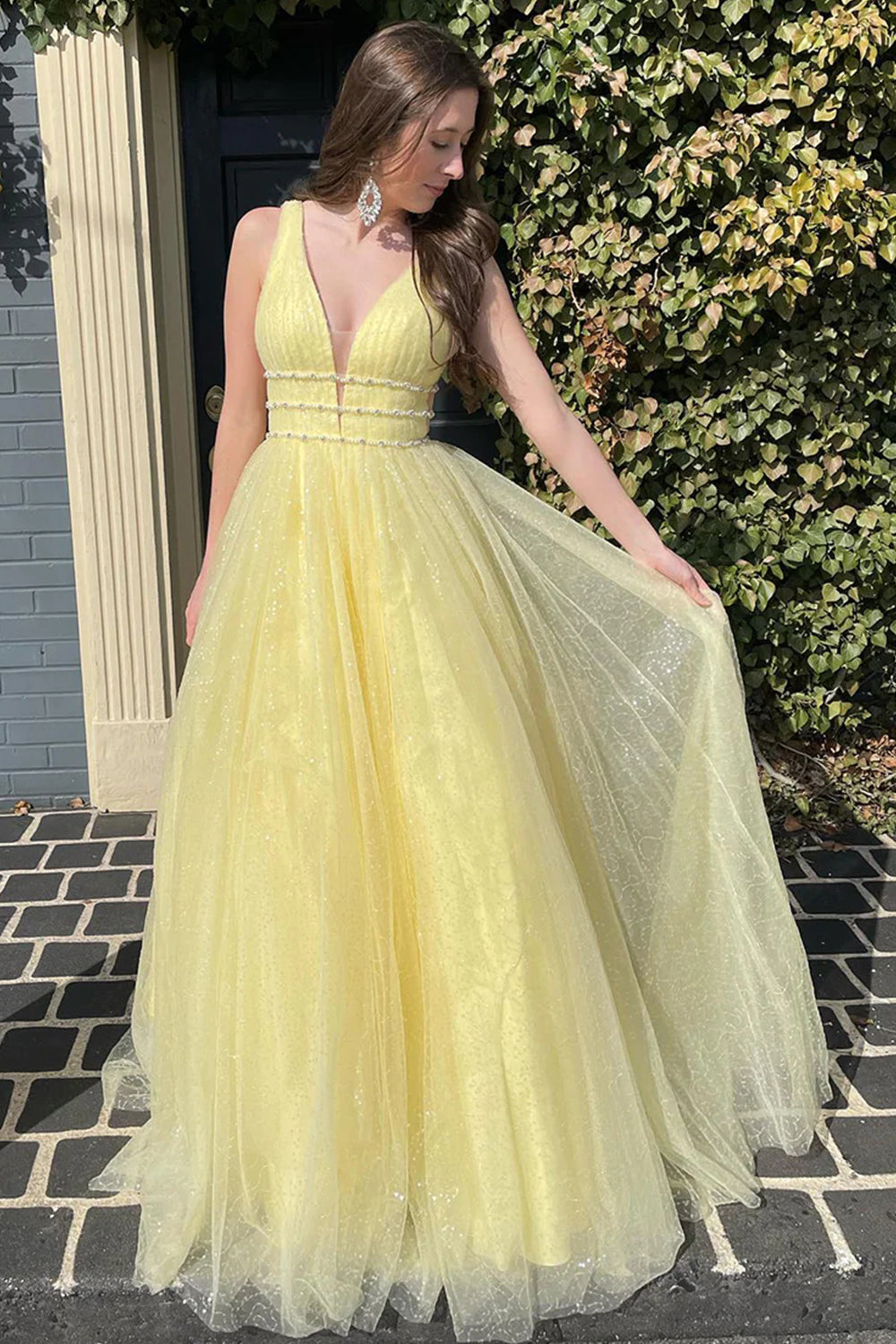 Roycebridal Alaiya |A-Line V Neck Glitter Tulle Prom Dress