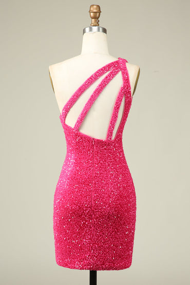 Classy Fuchsia One Shoulder Sequins Tight Homecoming Dress