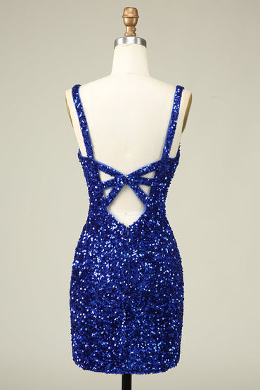 Classy Royal Blue Sheath V Neck Sequin Fitted Short Homecoming Dress