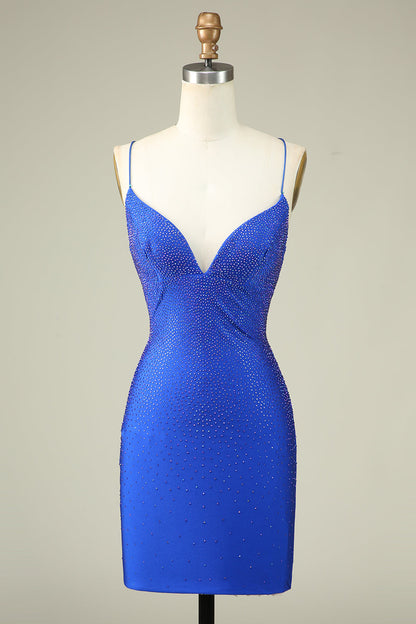 Royal Blue Bodycon Spaghetti Straps Pleated Short Homecoming Dress With Beading