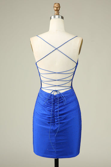 Royal Blue Bodycon Spaghetti Straps Pleated Short Homecoming Dress With Beading