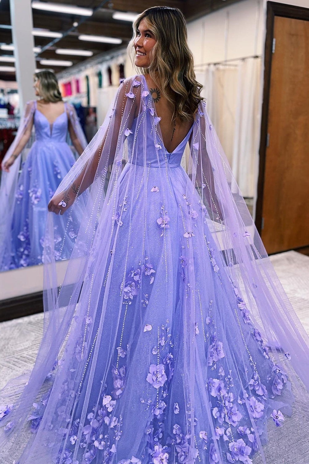 Roycebridal Lavender 3D Floral Lace A-Line Prom Dress with Cape Sleeves