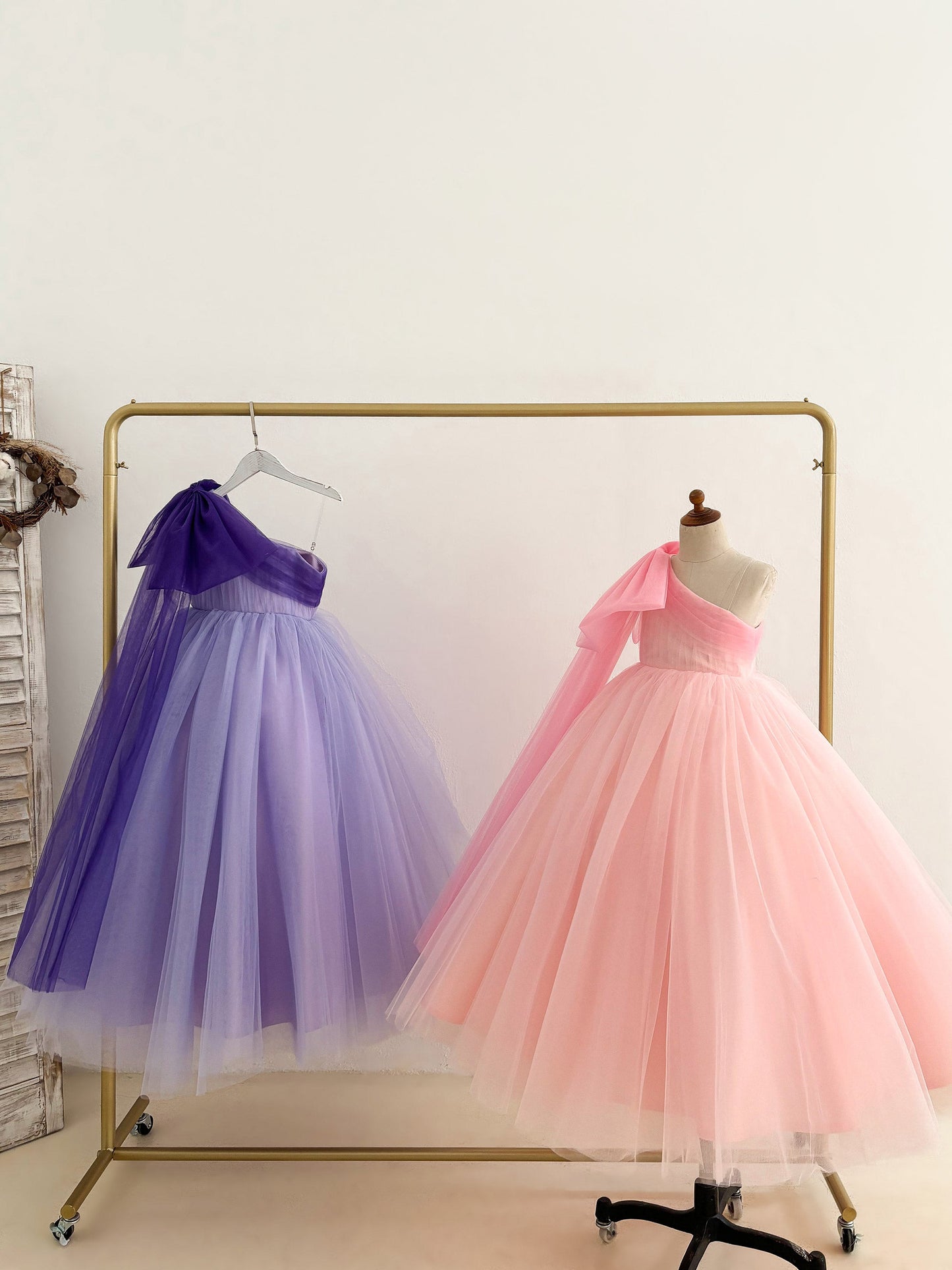 Ball Gown One Shoulder Draping Pink Tulle Wedding Flower Girl Dress