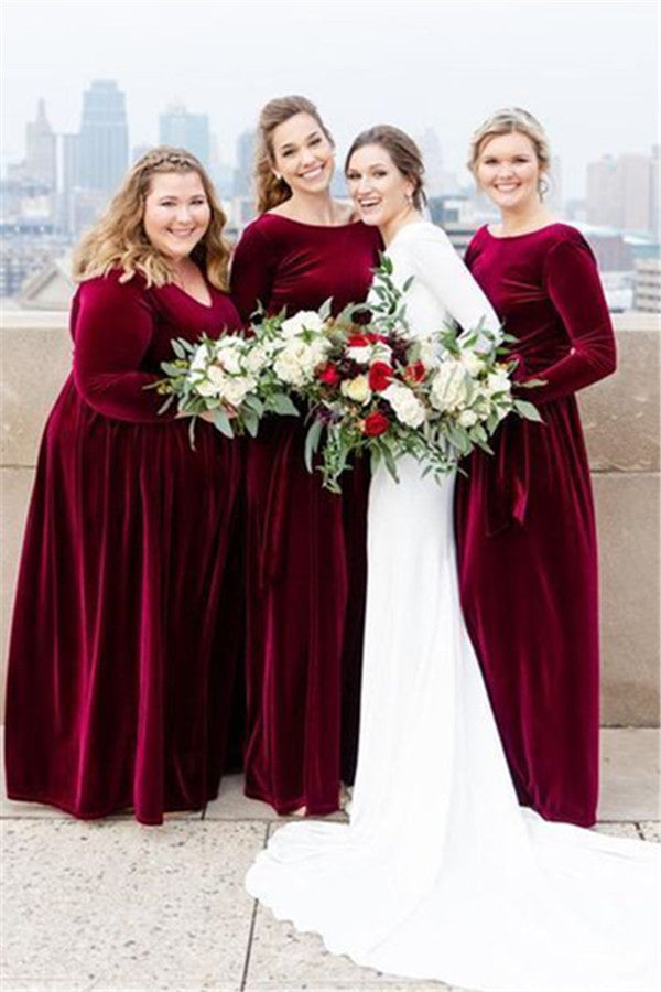 Roycebridal Mermaid Long Sleeves Burgundy Velvet Bridesmaid Dresses Backless