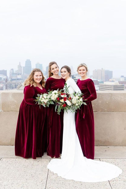 Roycebridal Mermaid Long Sleeves Burgundy Velvet Bridesmaid Dresses Backless