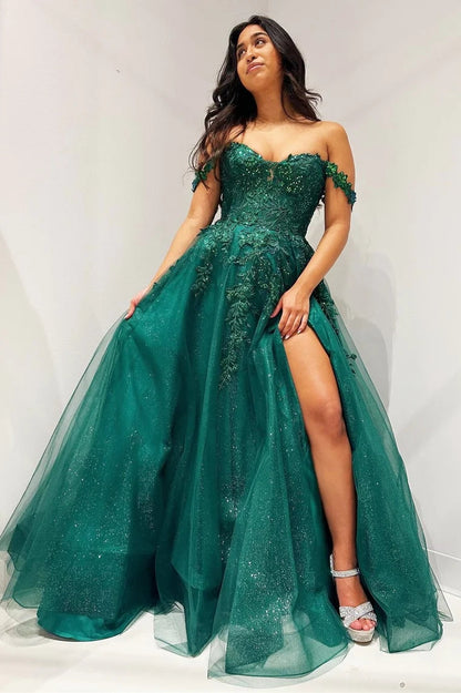 Roycebridal Elliana | Glitter Emerald Appliques Off-the-Shoulder A-Line Long Prom Dress