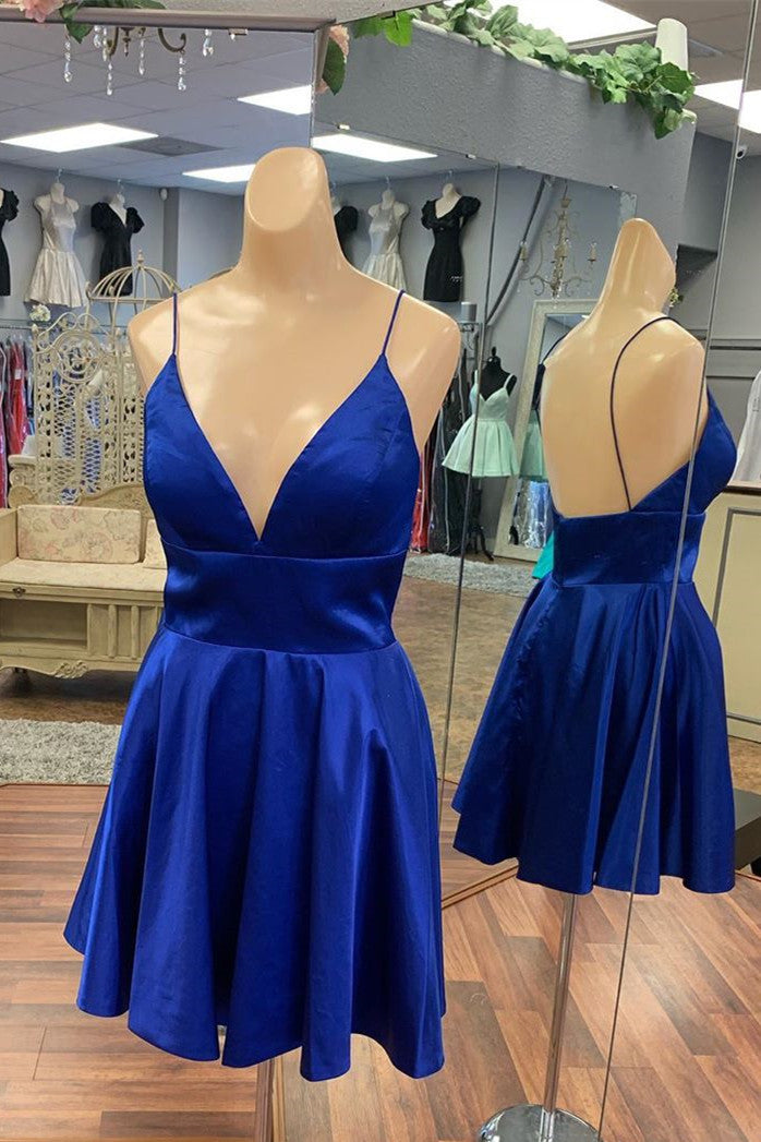 Roycebridal Royal Blue Satin Homecoming Dresses Backless Simple Short Prom Dresses