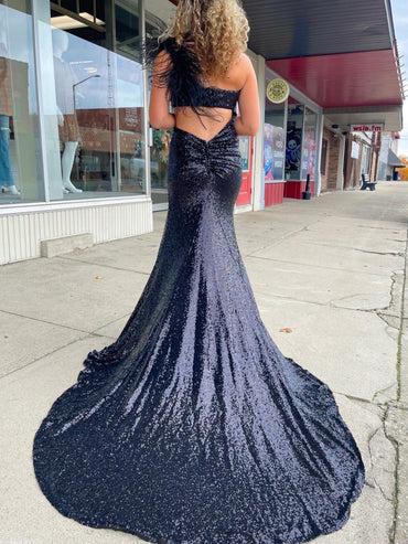 Roycebridal One Shoulder Sparkly Unique Black Mermaid Prom Dress