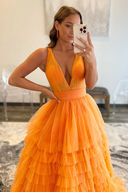 Roycebridal Reese |A-line Orange V-Neck Tulle Long Prom Dress