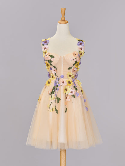 Quinta |A line Tulle Homecoming Dress with 3D Flowers