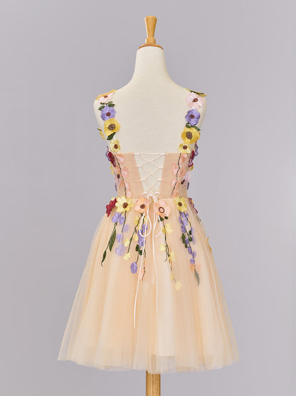 Quinta |A line Tulle Homecoming Dress with 3D Flowers