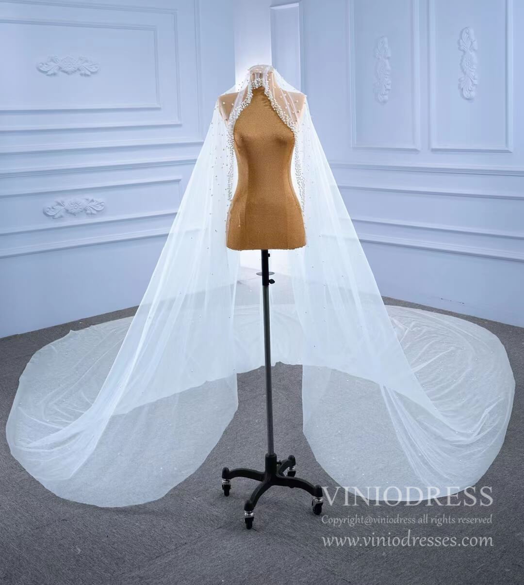 1 Tier Cathedral Veil with Pearls Viniodress VW2042V-Veils-Viniodress-Ivory-Viniodress