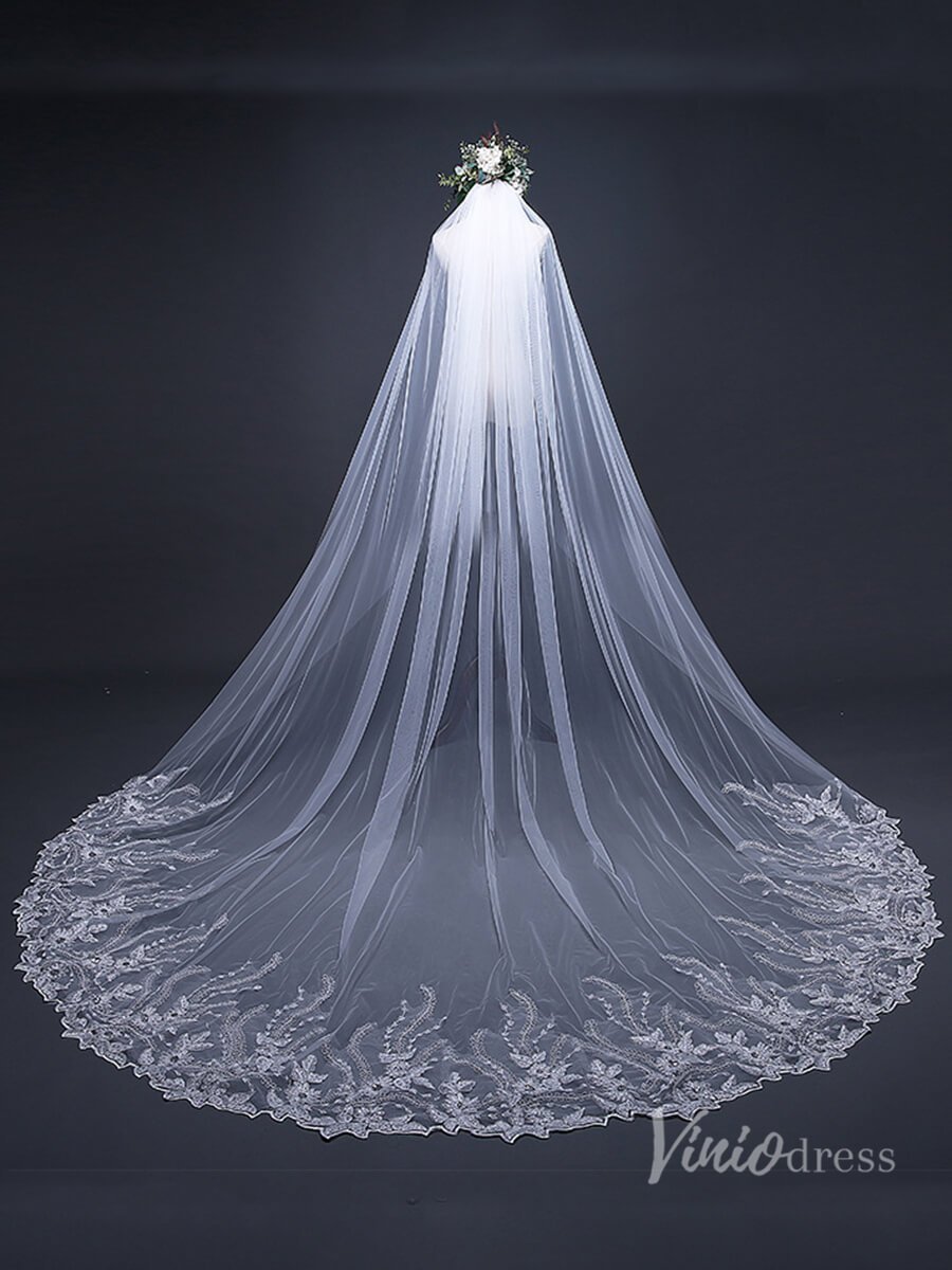 1 Tier Lace Appliqued Cathedral Veil Viniodress TS17124-Veils-Viniodress-Ivory-no blusher-Viniodress