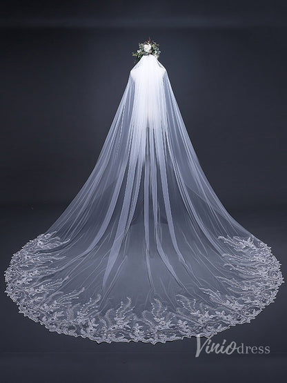 1 Tier Lace Appliqued Cathedral Veil Viniodress TS17124-Veils-Viniodress-Ivory-no blusher-Viniodress