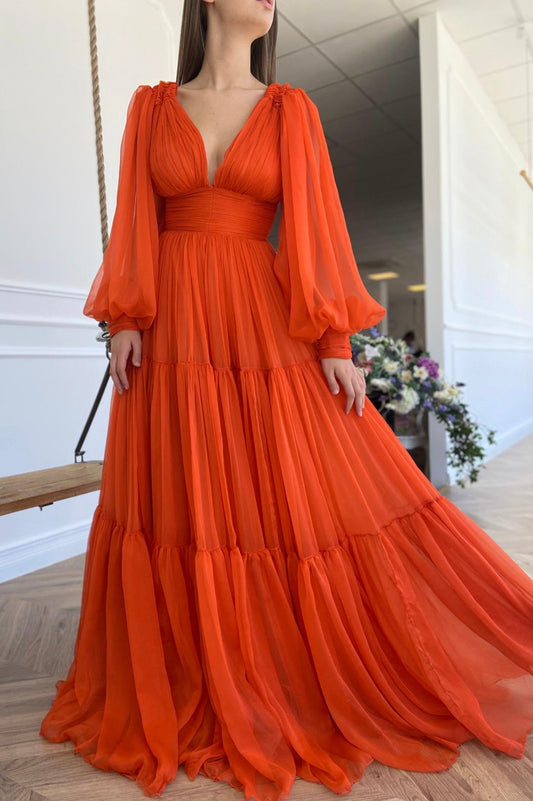 Roycebridal Iyla | Orange Chiffon Floor Length Prom Dress, Long Sleeve Evening Party Dress