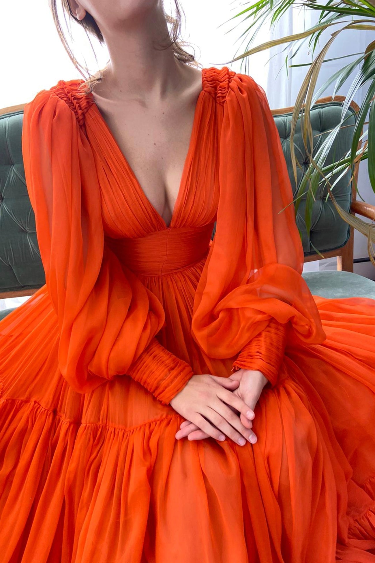 Roycebridal Iyla | Orange Chiffon Floor Length Prom Dress, Long Sleeve Evening Party Dress