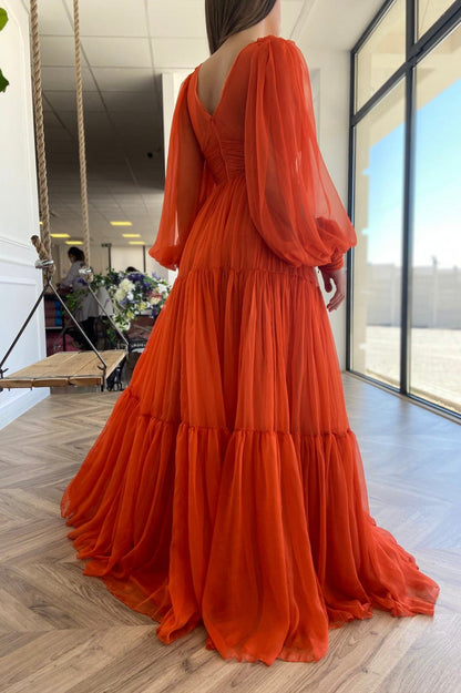 Roycebridal Iyla | Orange Chiffon Floor Length Prom Dress, Long Sleeve Evening Party Dress