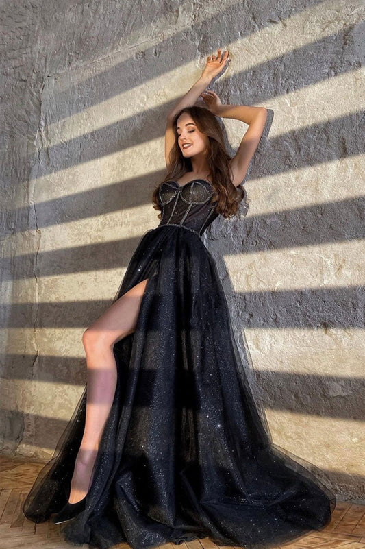 Roycebridal Roycebridal Zendaya | Black Shiny Tulle Floor Length Prom Dress Black Evening Dress with Slit