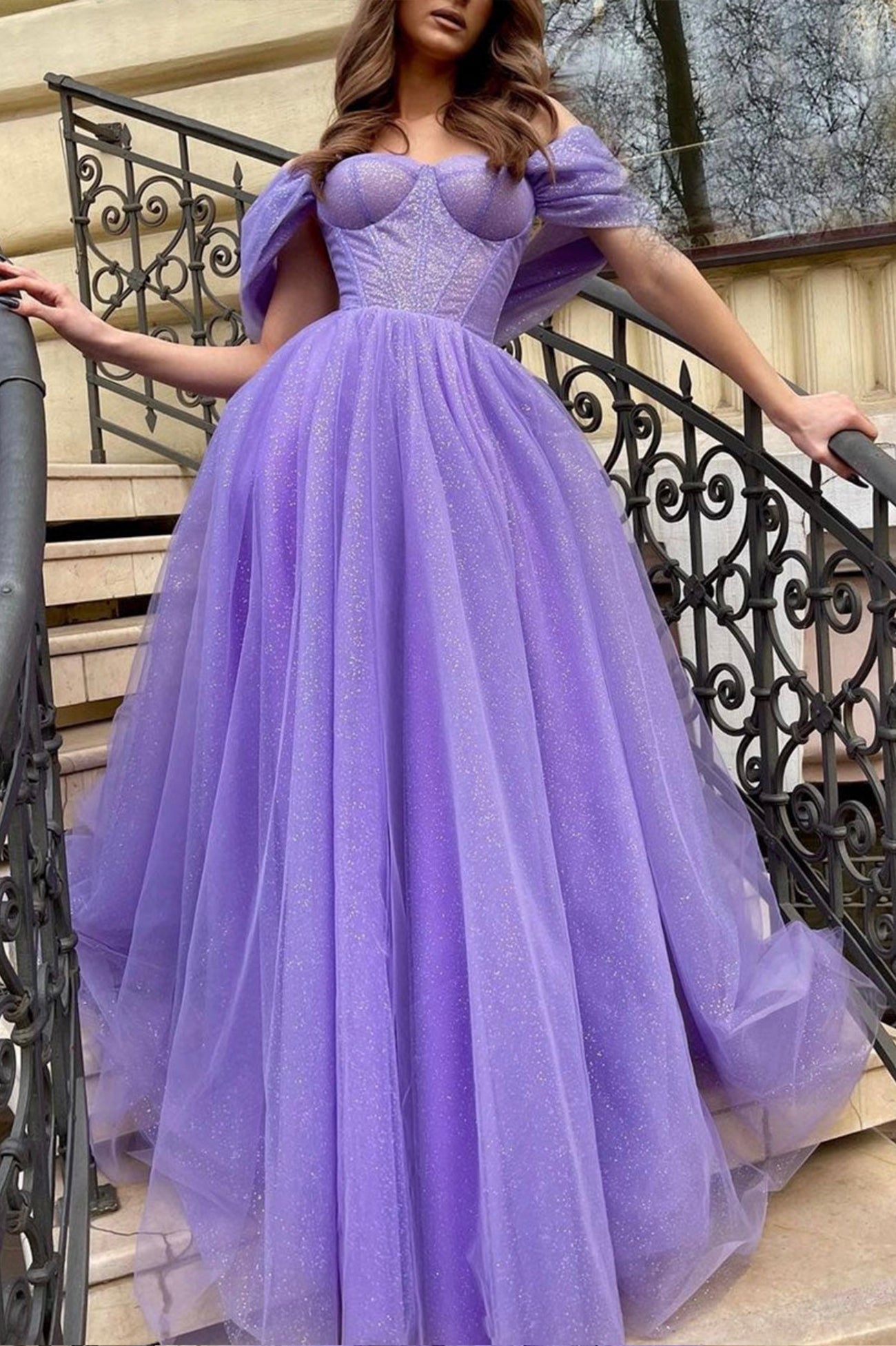 Roycebridal Cheyenne | Purple Tulle Long A-Line Prom Dress Off the Shoulder Evening Party Dress