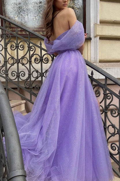 Roycebridal Cheyenne | Purple Tulle Long A-Line Prom Dress Off the Shoulder Evening Party Dress