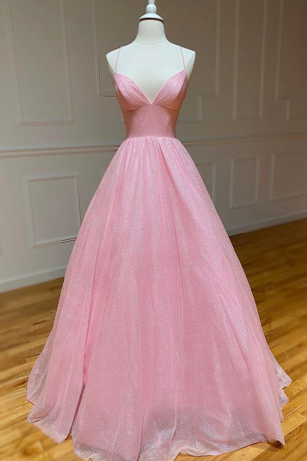 Roycebridal Elodie | Pink Tulle Long Backless Prom Dress A-Line V Neck Party Dress