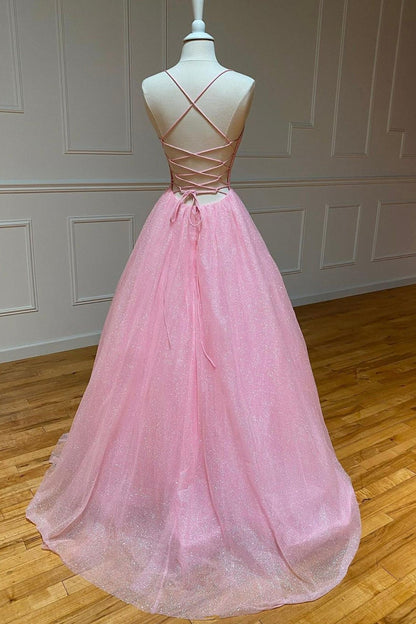 Roycebridal Elodie | Pink Tulle Long Backless Prom Dress A-Line V Neck Party Dress