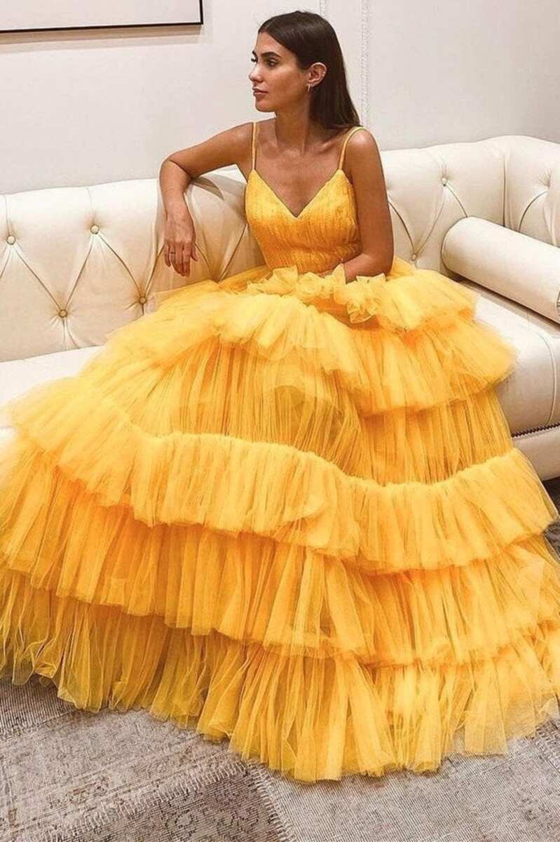 Roycebridal Princess Tiered Yellow Tulle Straps Backless Long Prom Dress