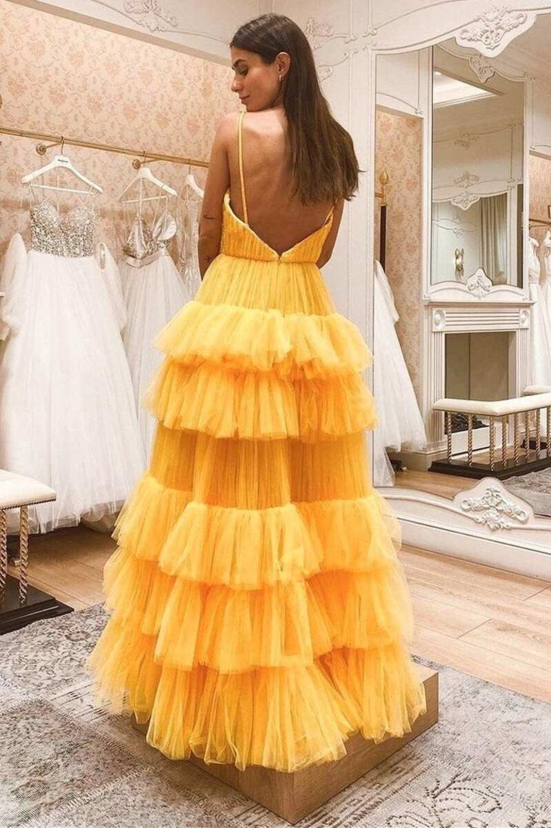 Roycebridal Princess Tiered Yellow Tulle Straps Backless Long Prom Dress