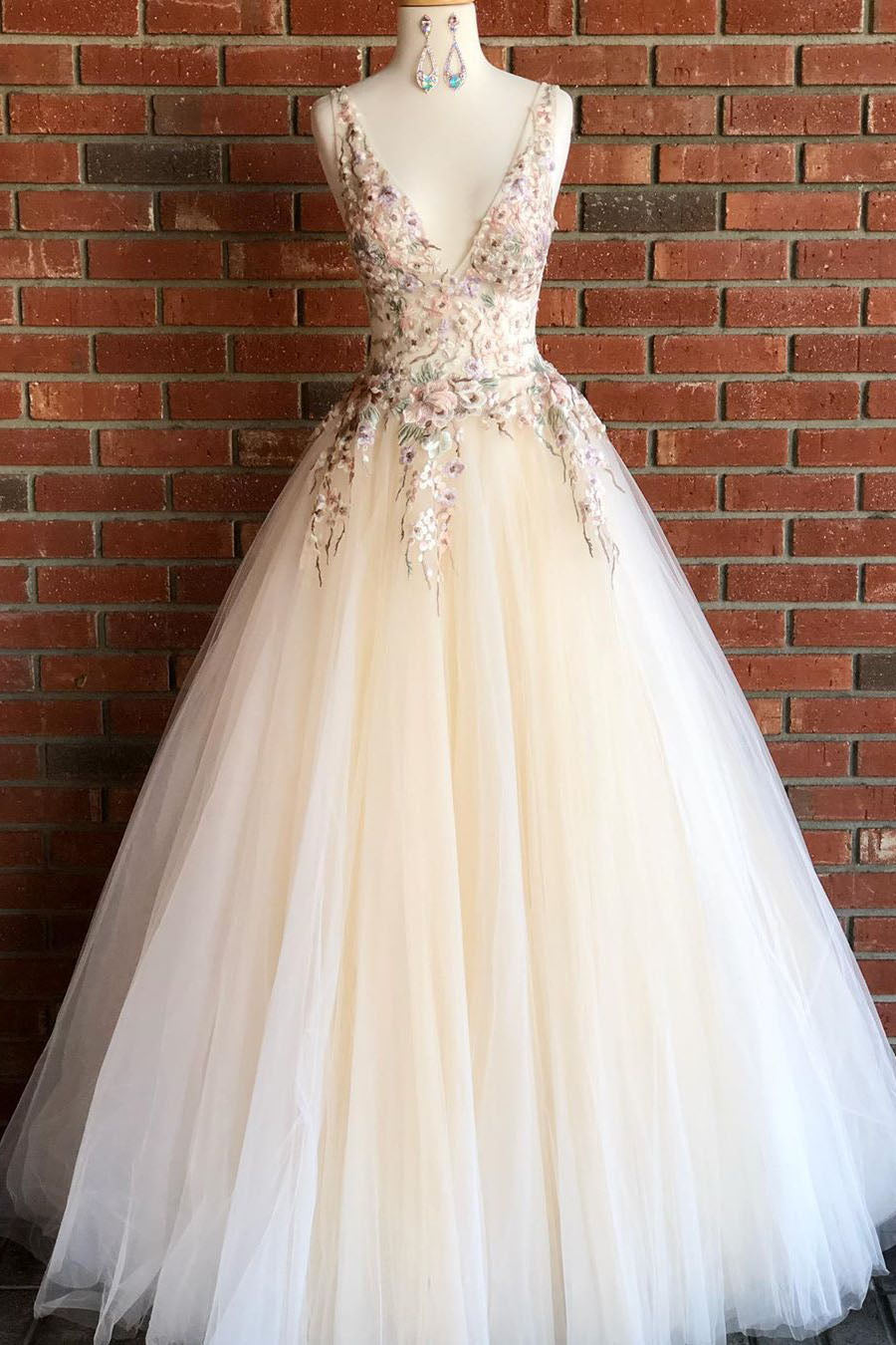 Roycebridal Beatrix | Elegant V Neck Ivory Long Prom Dress with Floral Embroidery