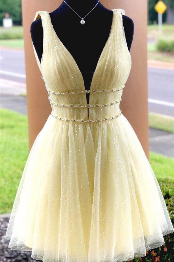 Thalia |A Line Tulle V Neck Homecoming Dress With Beading