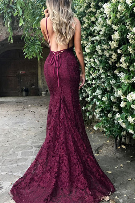 Roycebridal Sexy Mermaid V-Neck Burgundy Lace Prom Dress