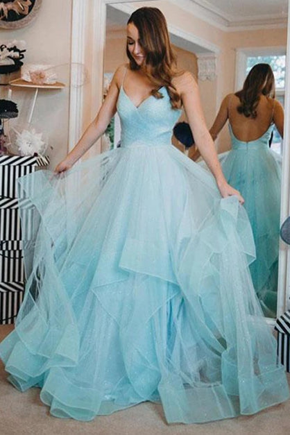 Roycebridal Open Back Glittering Light Blue Long Prom Dress with Ruffles