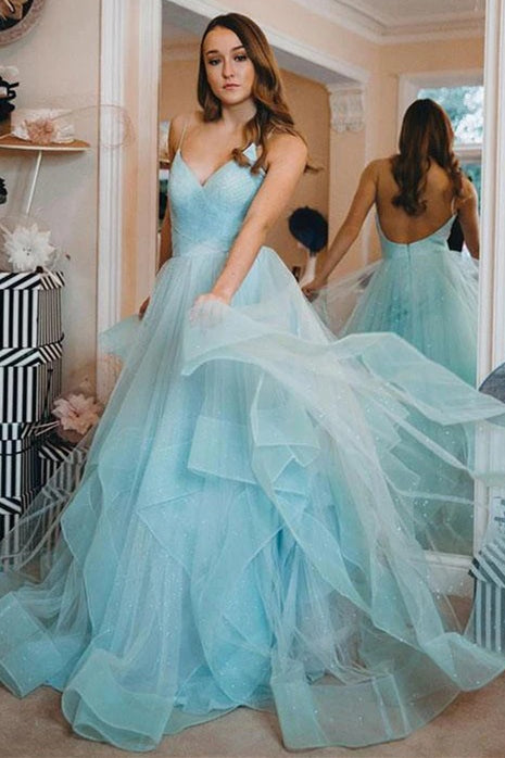 Roycebridal Open Back Glittering Light Blue Long Prom Dress with Ruffles