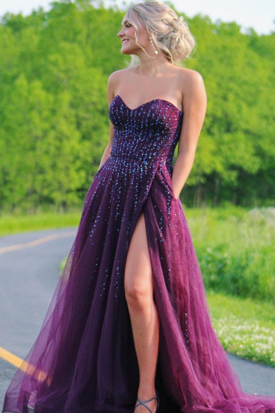 Roycebridal Alyssa |Sweetheart A-line Plum Tulle Prom Dress with Slit