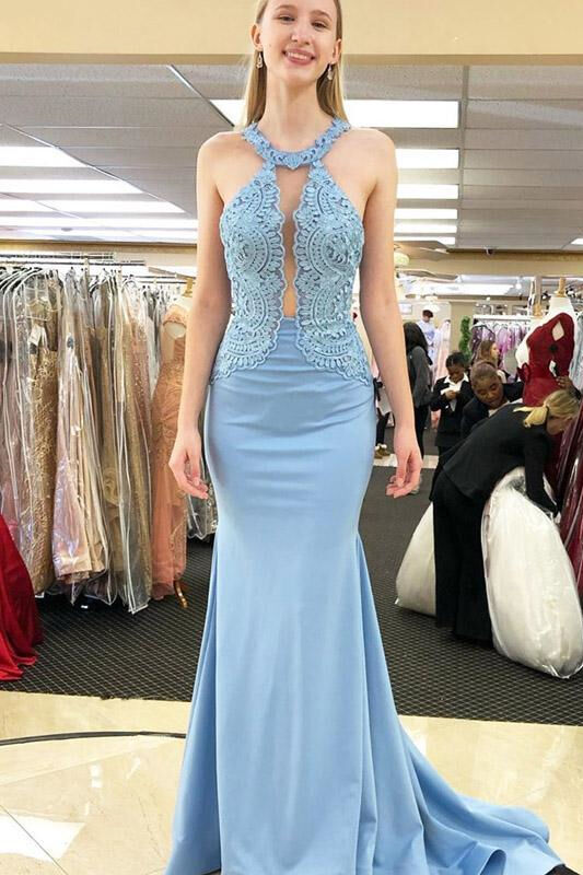 Roycebridal Open Back Mermaid Sky Blue Long Prom Dress