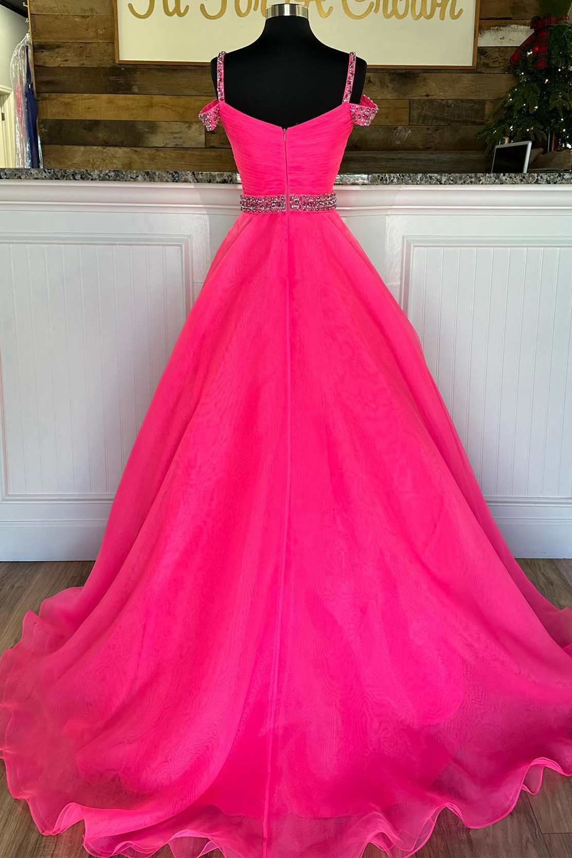 Roycebridal Hot Pink Beaded Cold-Shoulder A-Line Prom Dress